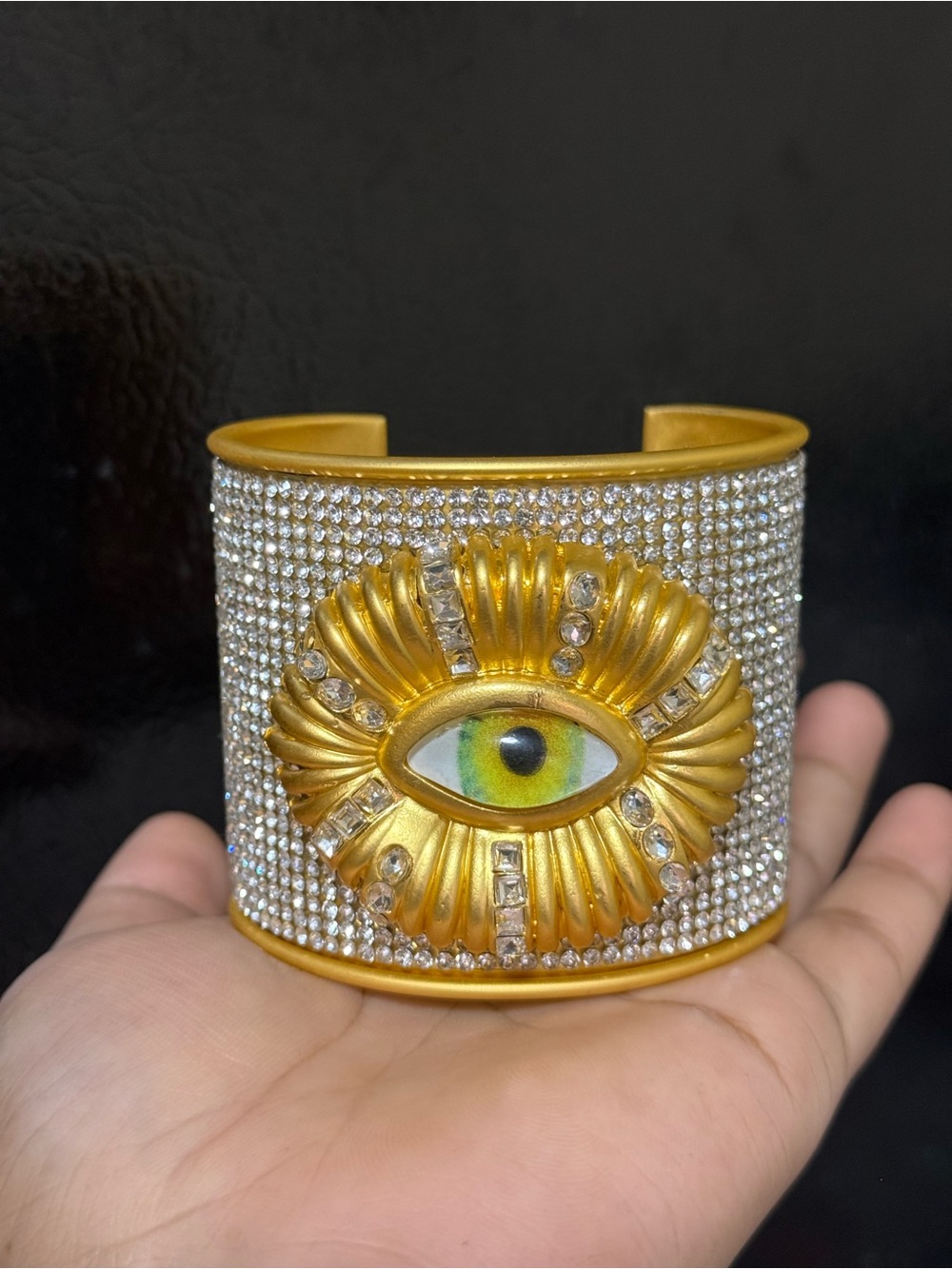 Schiaparelli Inspired Gold Crystal Eye Motif Cuff Bracelet